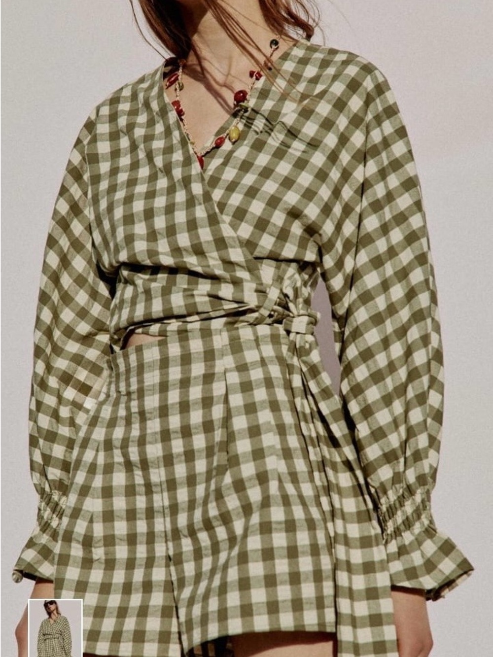 ZARA Olive Gingham Co-Ord Matching Set - Top S / Bottom M